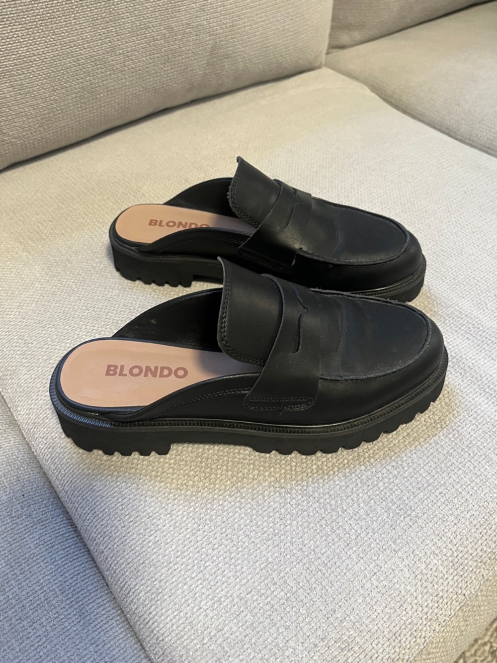 Blondo Black Leather Lug-Sole Slip-On Mules